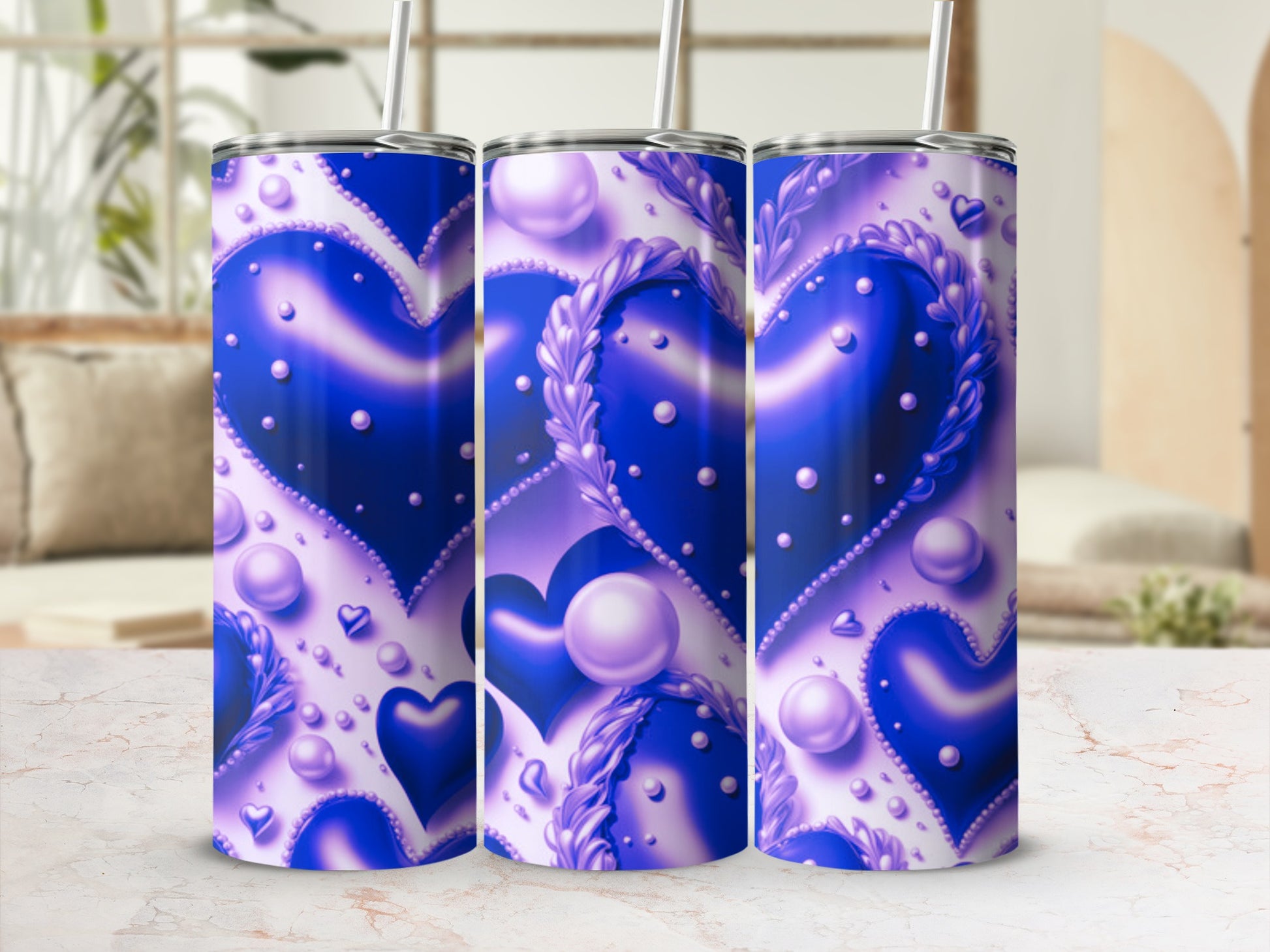 Purple hearts with pearl accents on a textured tumbler.