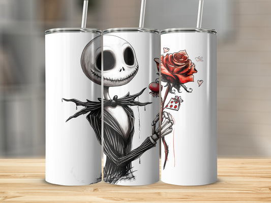 Skeleton Character Holding Red Rose Tumbler Design