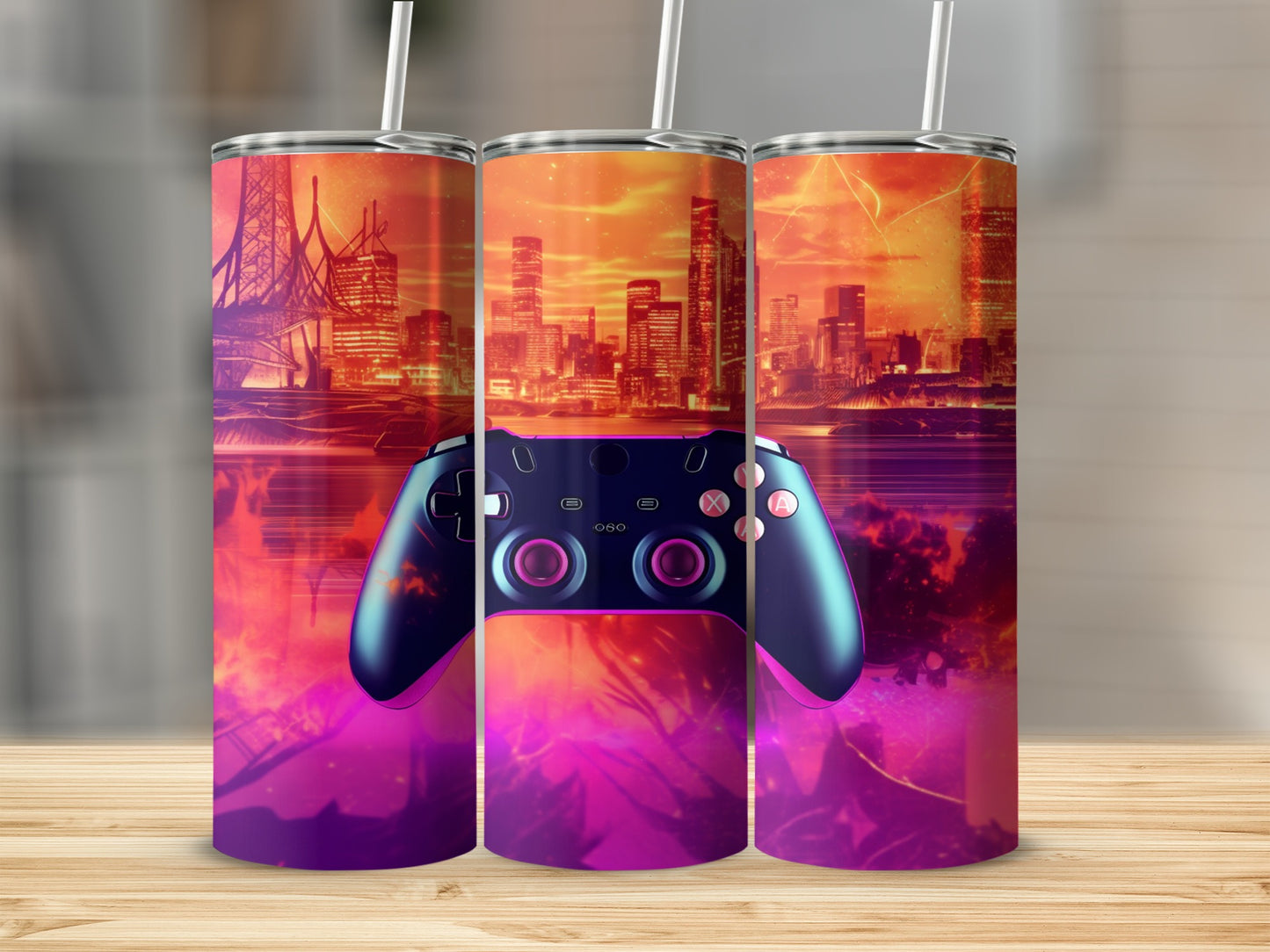 Gaming controller against a vibrant cityscape and fire background.