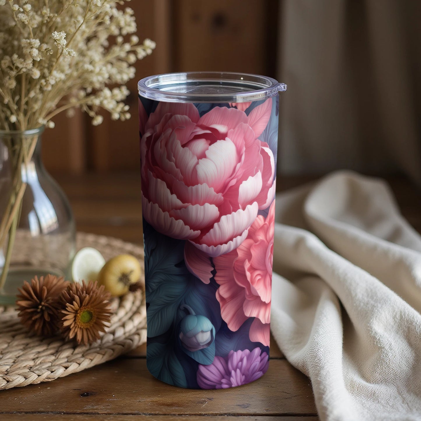 Floral Insulated Tumbler with Pink Peonies Design Cup