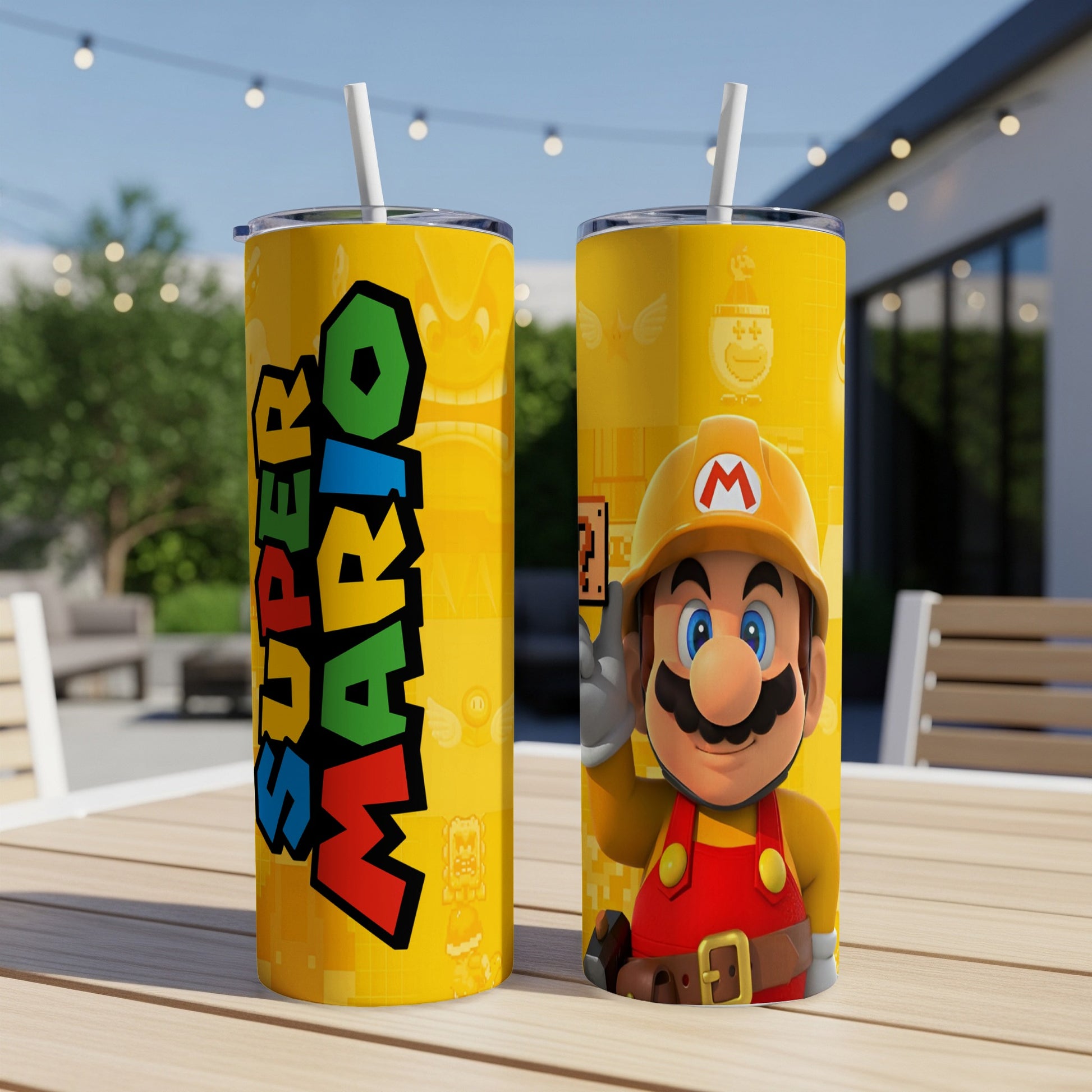 Super Mario yellow tumbler with Mario character and game logo.