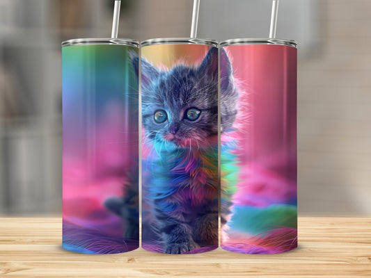 Kitten with blue eyes on a colorful abstract background, shown on three tumblers.