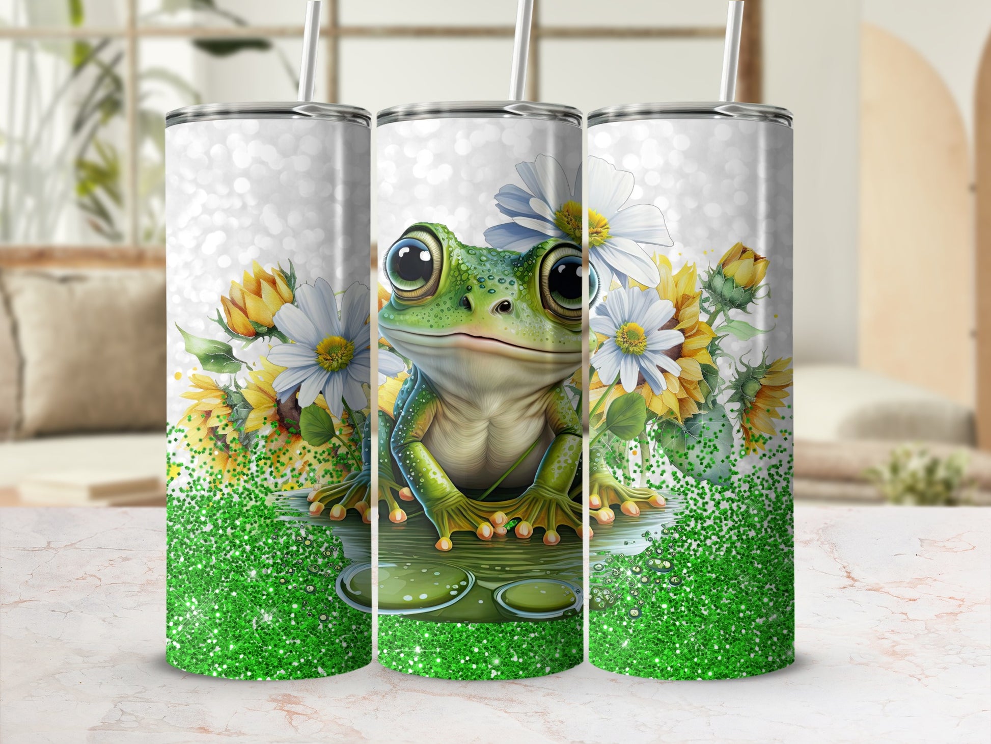 Cute Frog Daisy Sunflower Glitter Tumbler product type