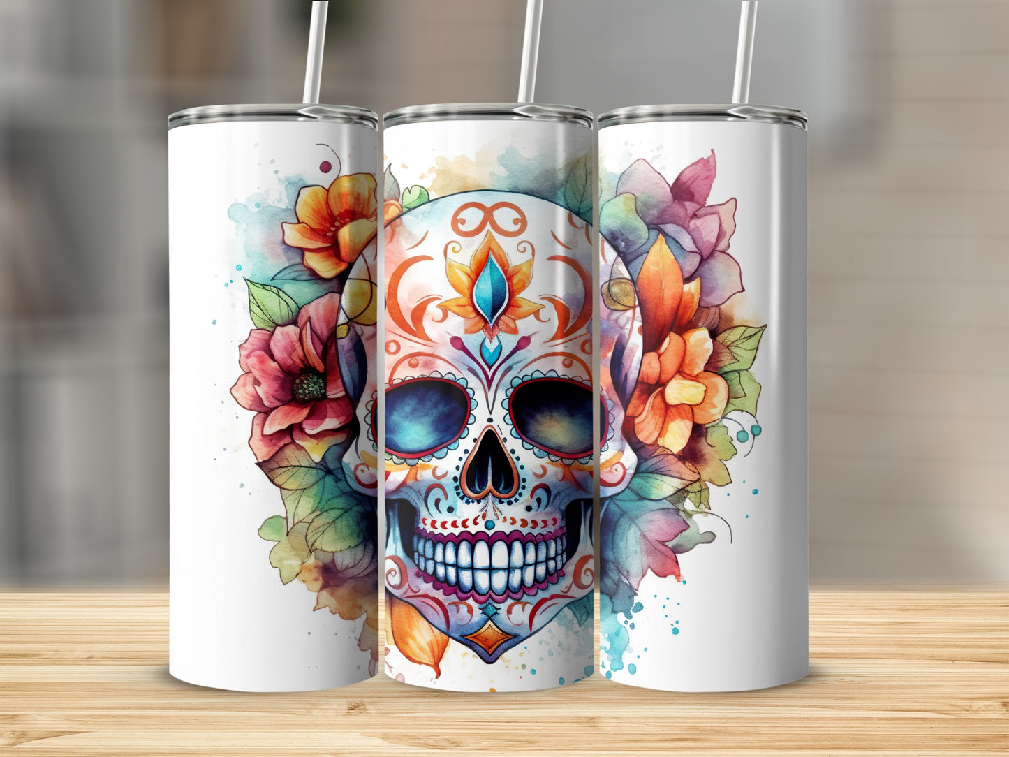 Vibrant Floral Skull Design Tumbler for Colorful Drinkware