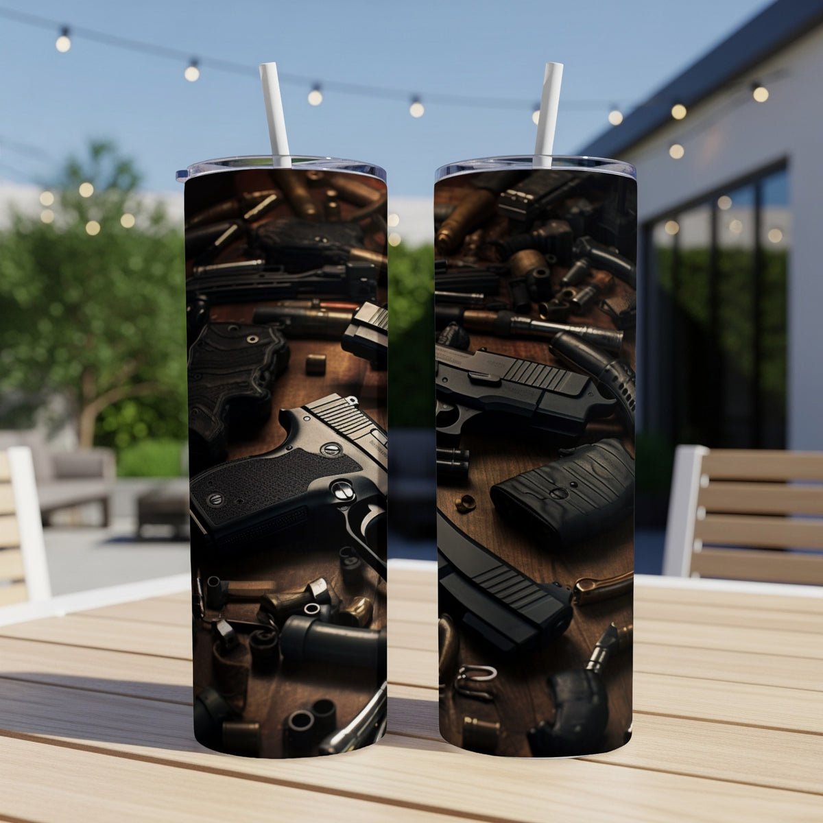 Two tumblers with a close-up of handguns and ammunition on a wooden surface.
