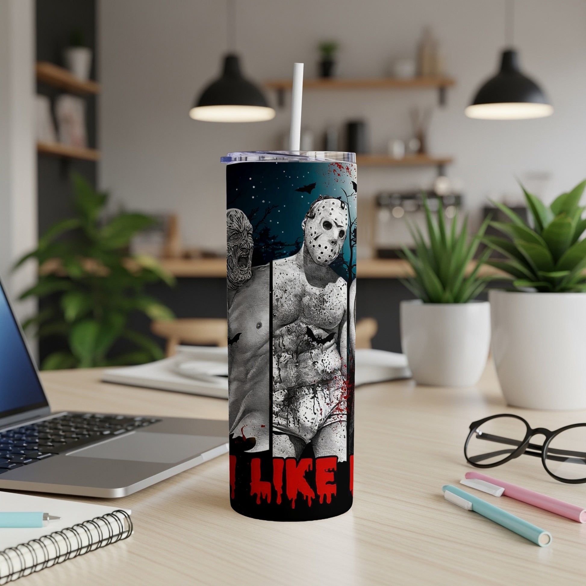 Tumbler with Freddy Krueger and Jason Voorhees art and the words "I LIKE."