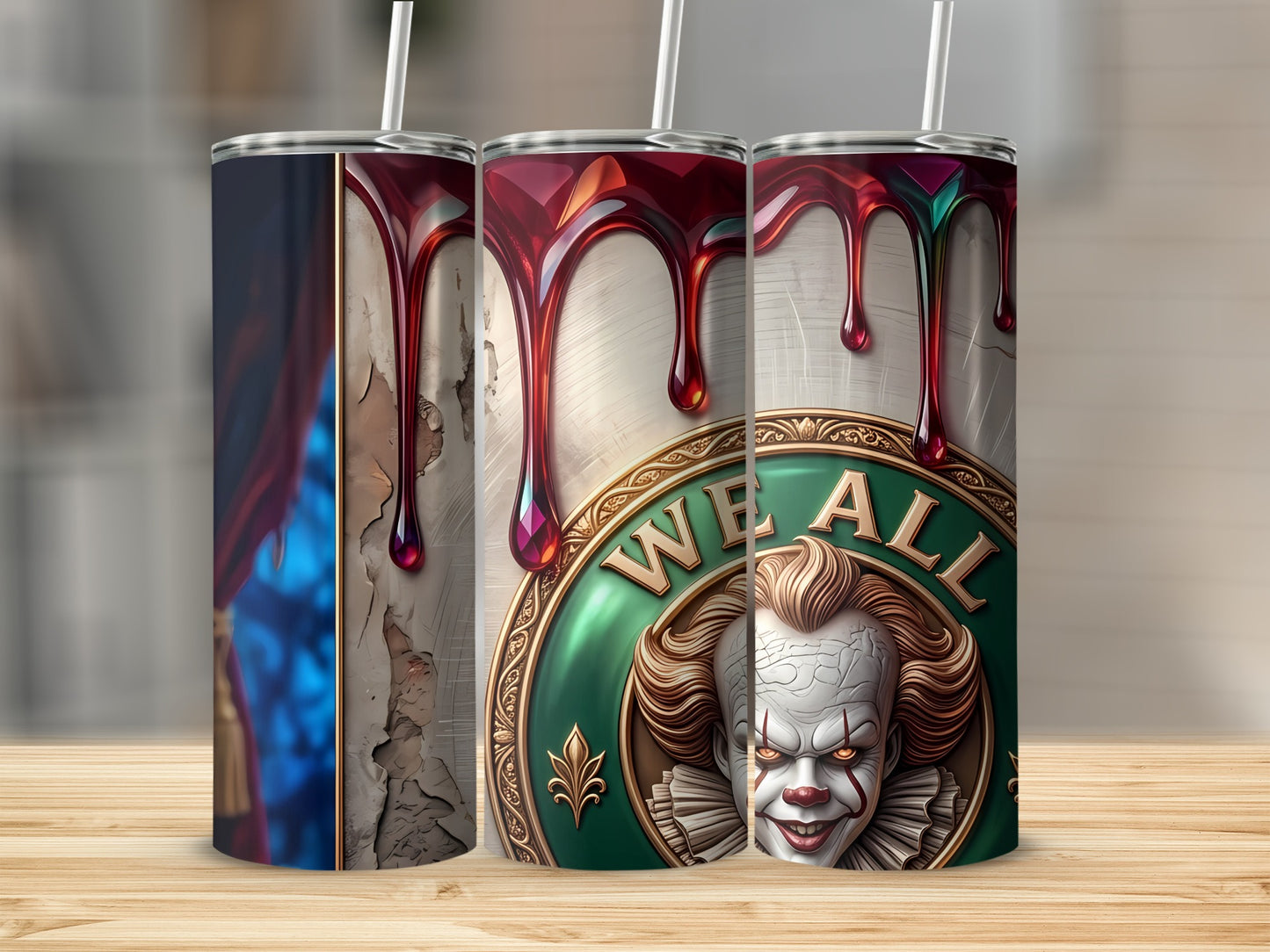 Creepy clown design on tumblers with dripping red liquid and "WE ALL" text.