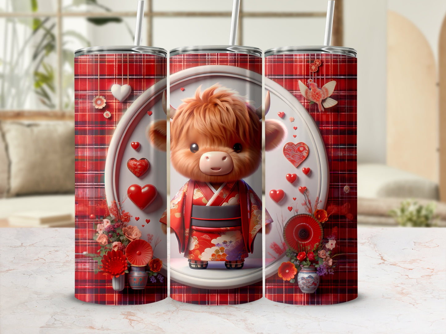 Cute Highland cow in kimono with hearts and floral accents on a plaid background.