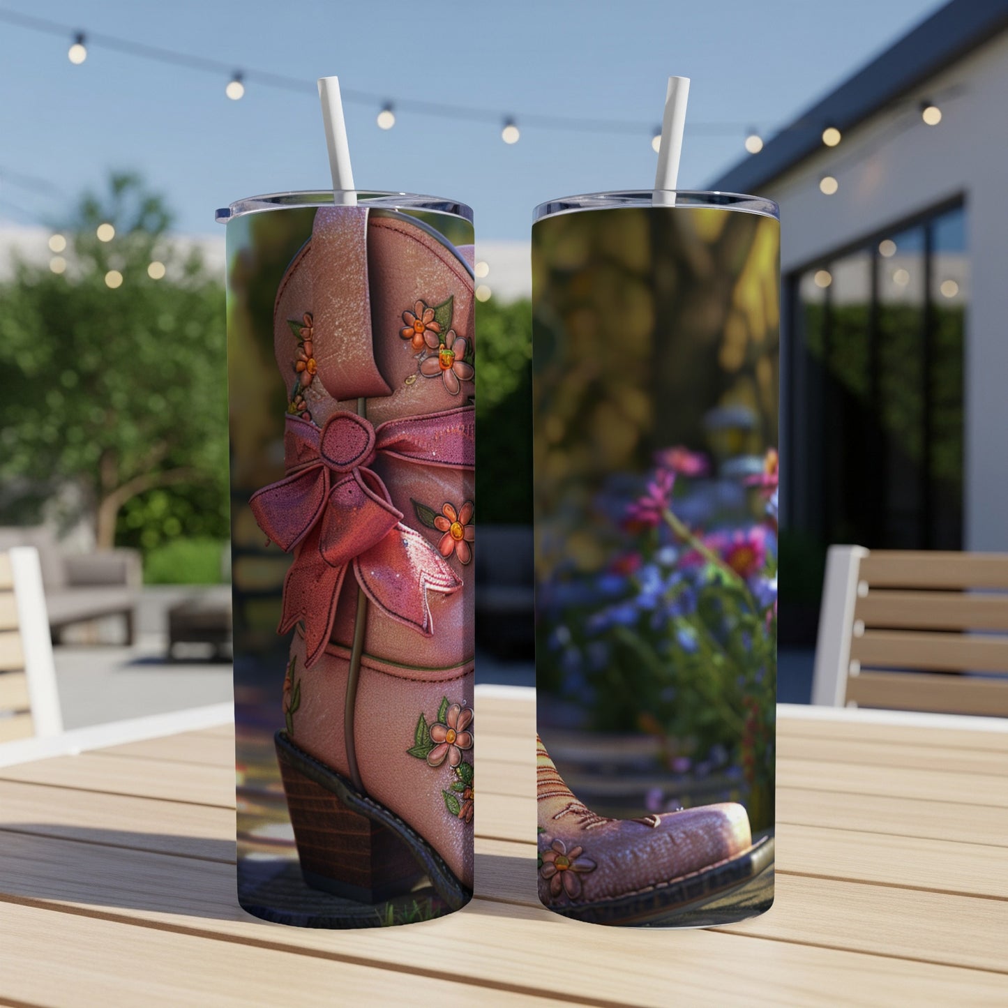 Pink floral cowboy boots with bow, presented on a table outdoors.