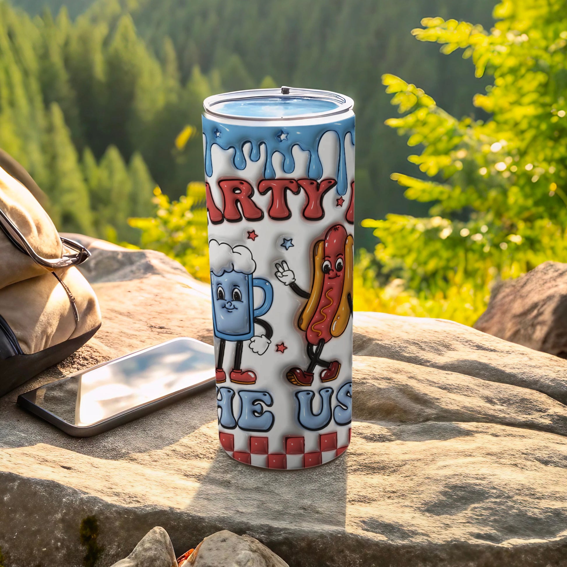 Party in the USA themed tumbler with hot dog and beer characters.