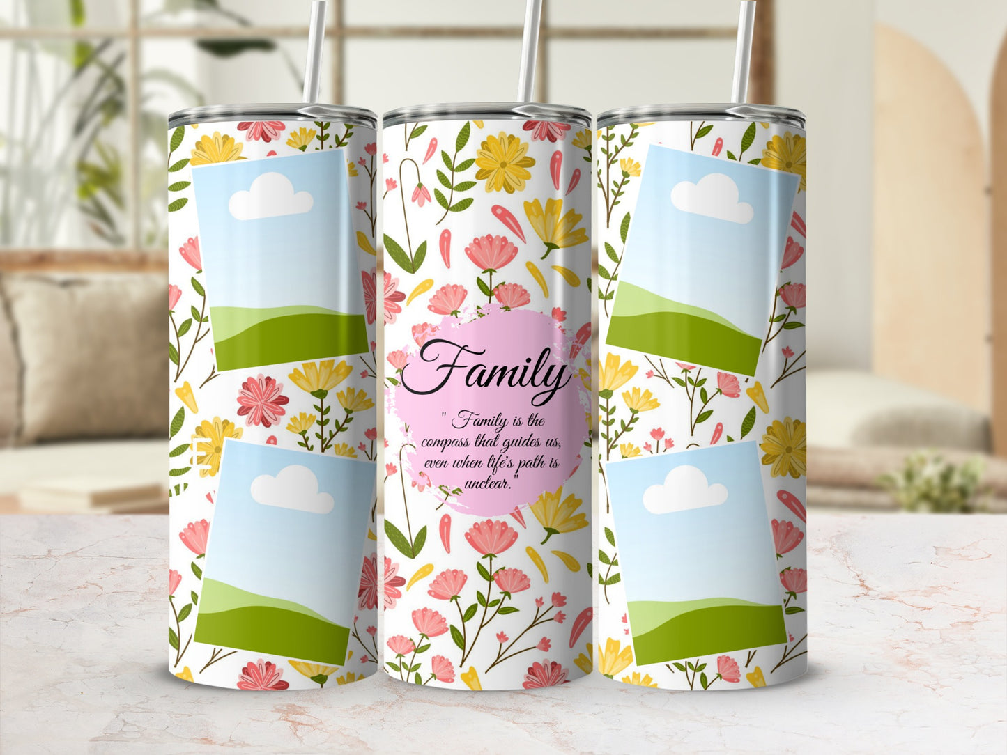 Floral tumbler with photo slots and "Family" quote.