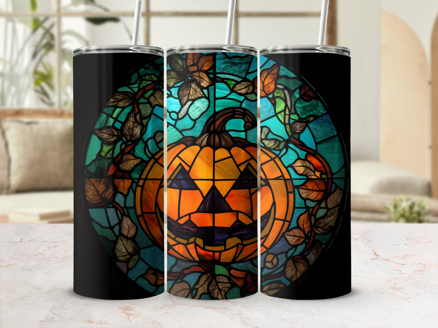 Halloween pumpkin jack-o'-lantern stained glass tumbler with straw.