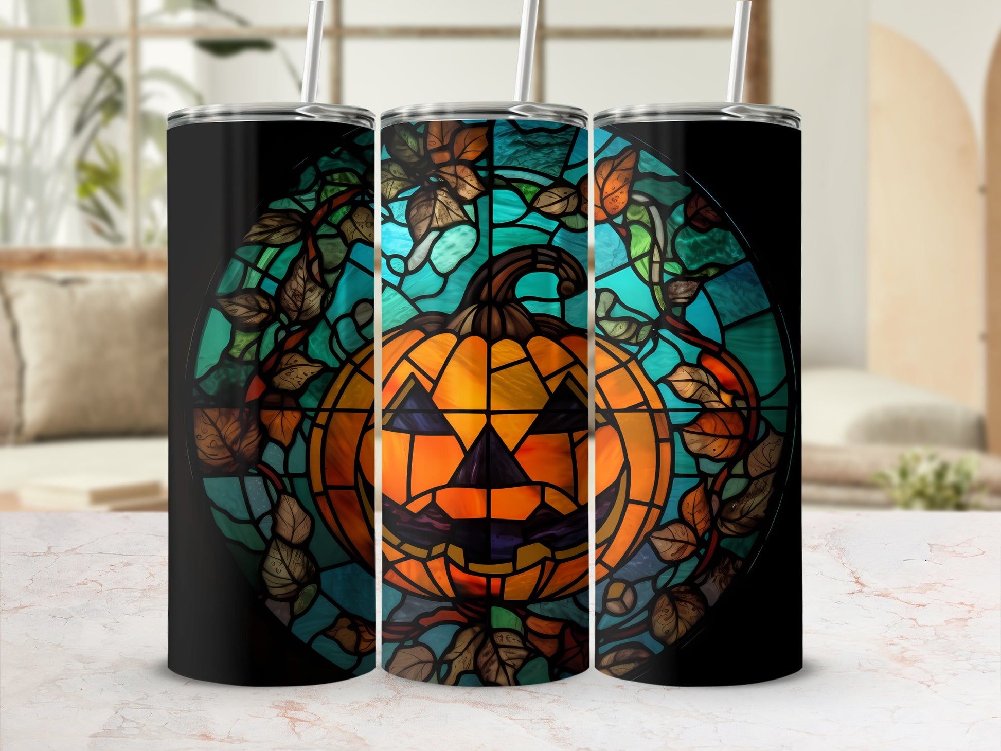 Halloween pumpkin jack-o'-lantern stained glass tumbler with straw.