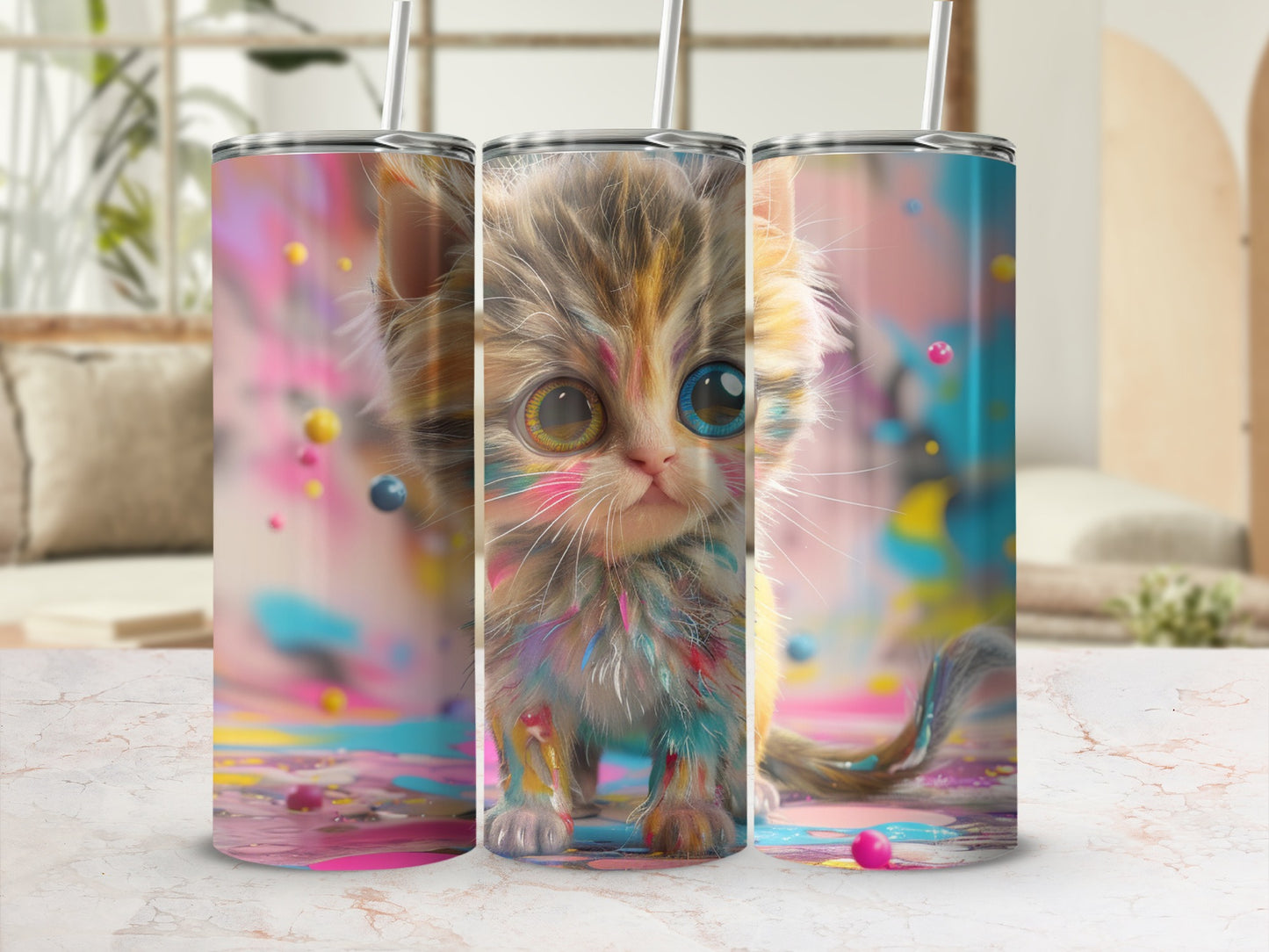 Cute kitten with colorful paint splatters on a tumbler.