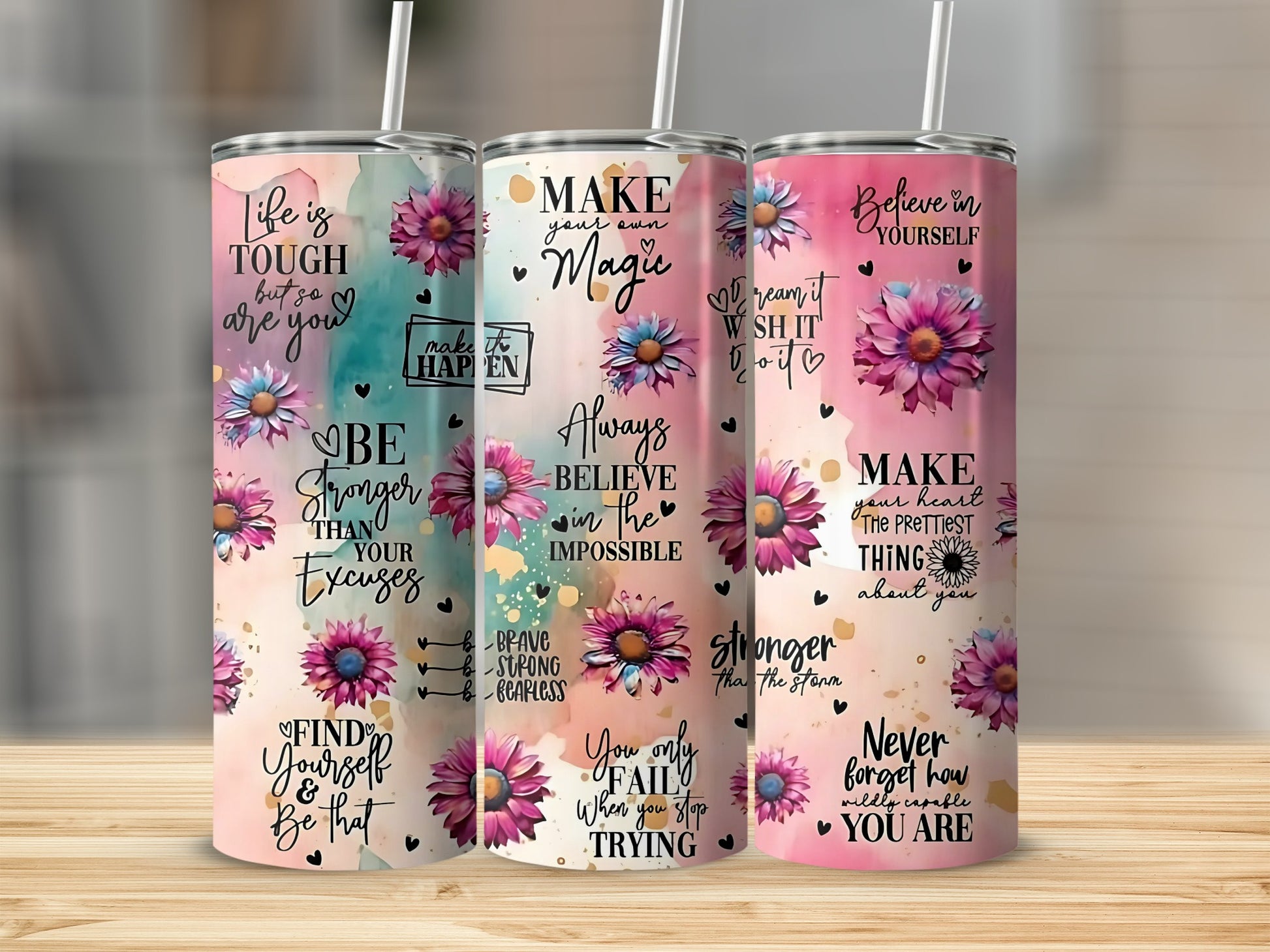 Motivational Floral Tumblers with Inspirational Quotes