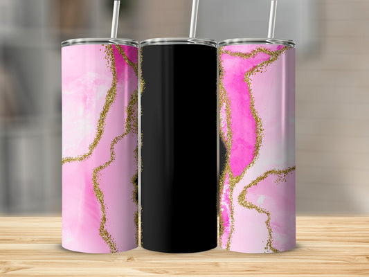 Three tumblers with pink marble and gold glitter designs.