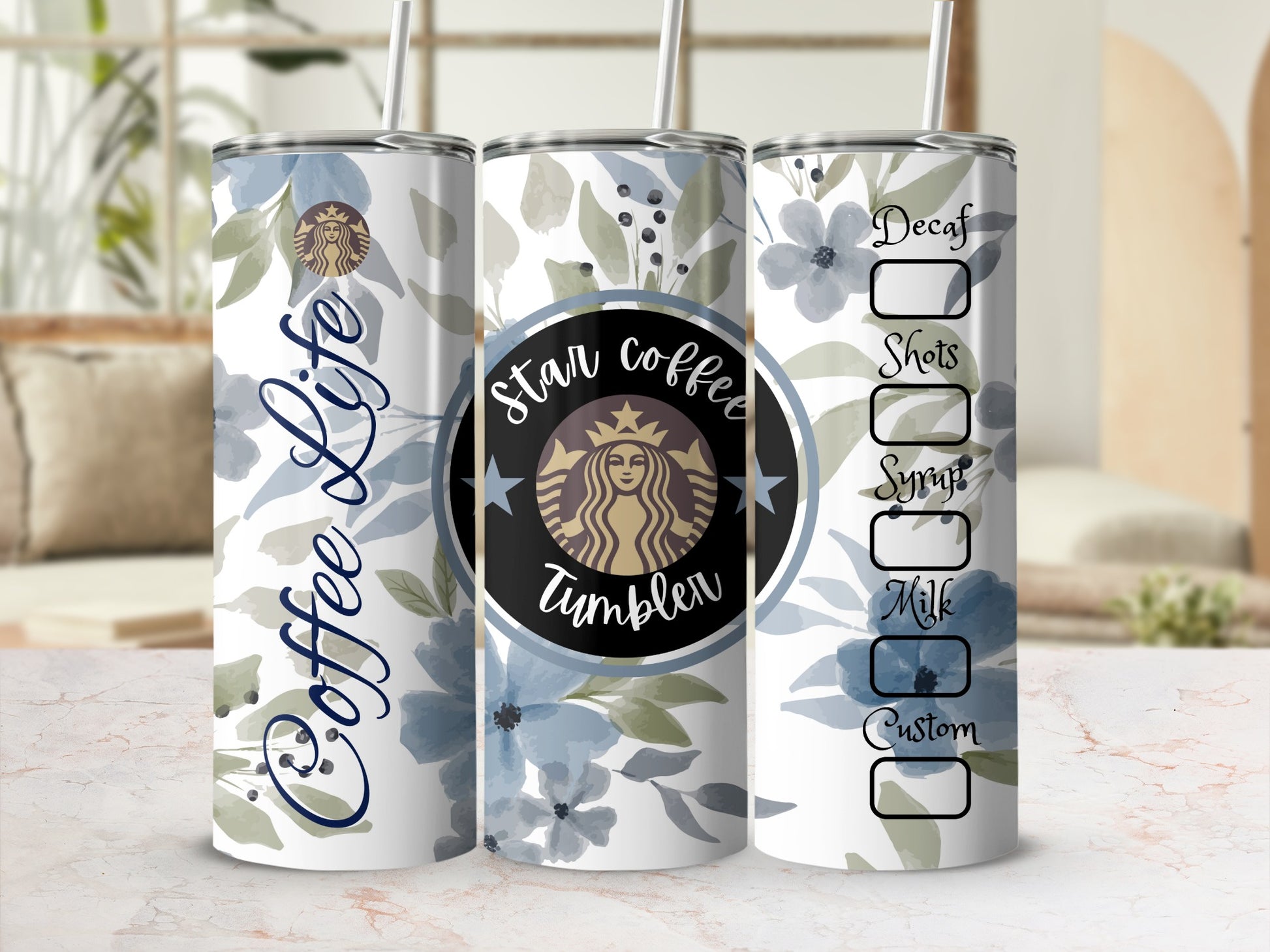 Star Coffee Tumbler with Floral Design 20oz Tumbler