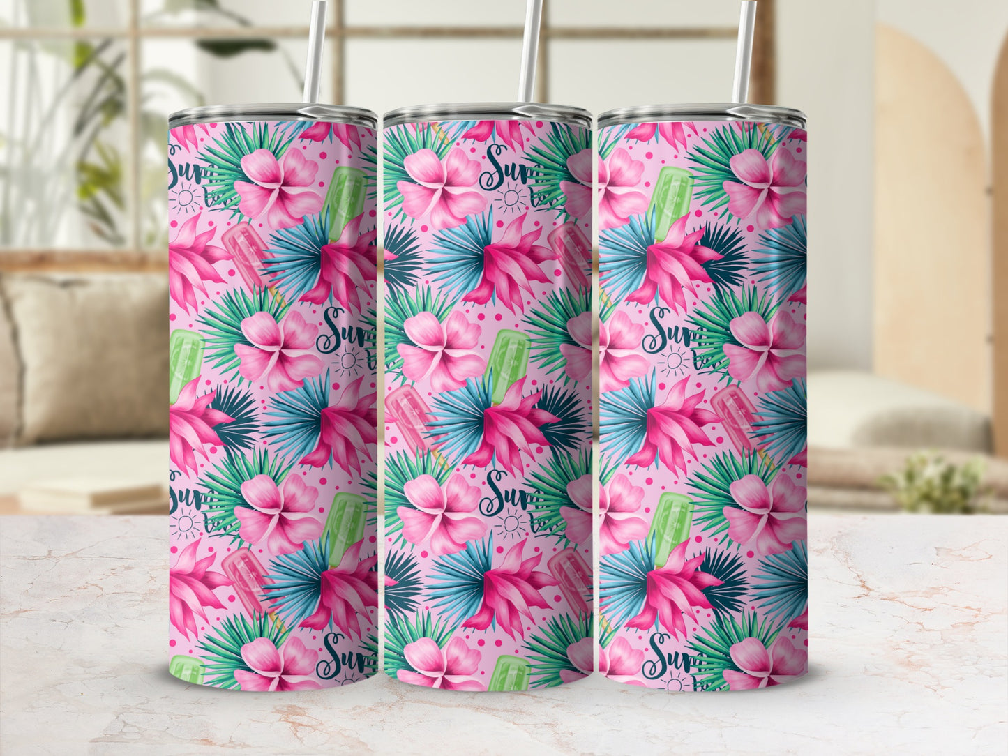 Pink tumblers with tropical flowers, leaves, and popsicles, featuring "Summer Time" text.