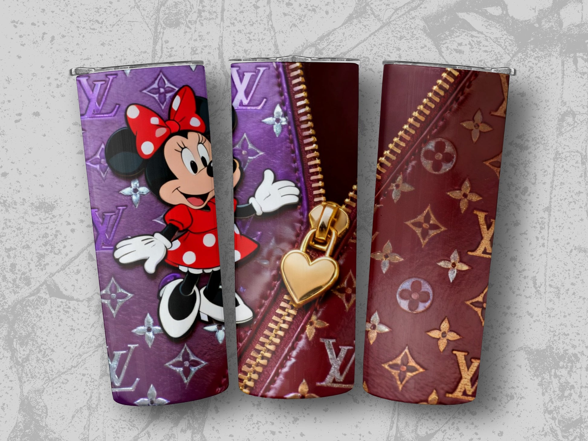 Minnie Mouse with Louis Vuitton pattern tumbler, gold zipper tumbler, Louis Vuitton pattern tumbler.