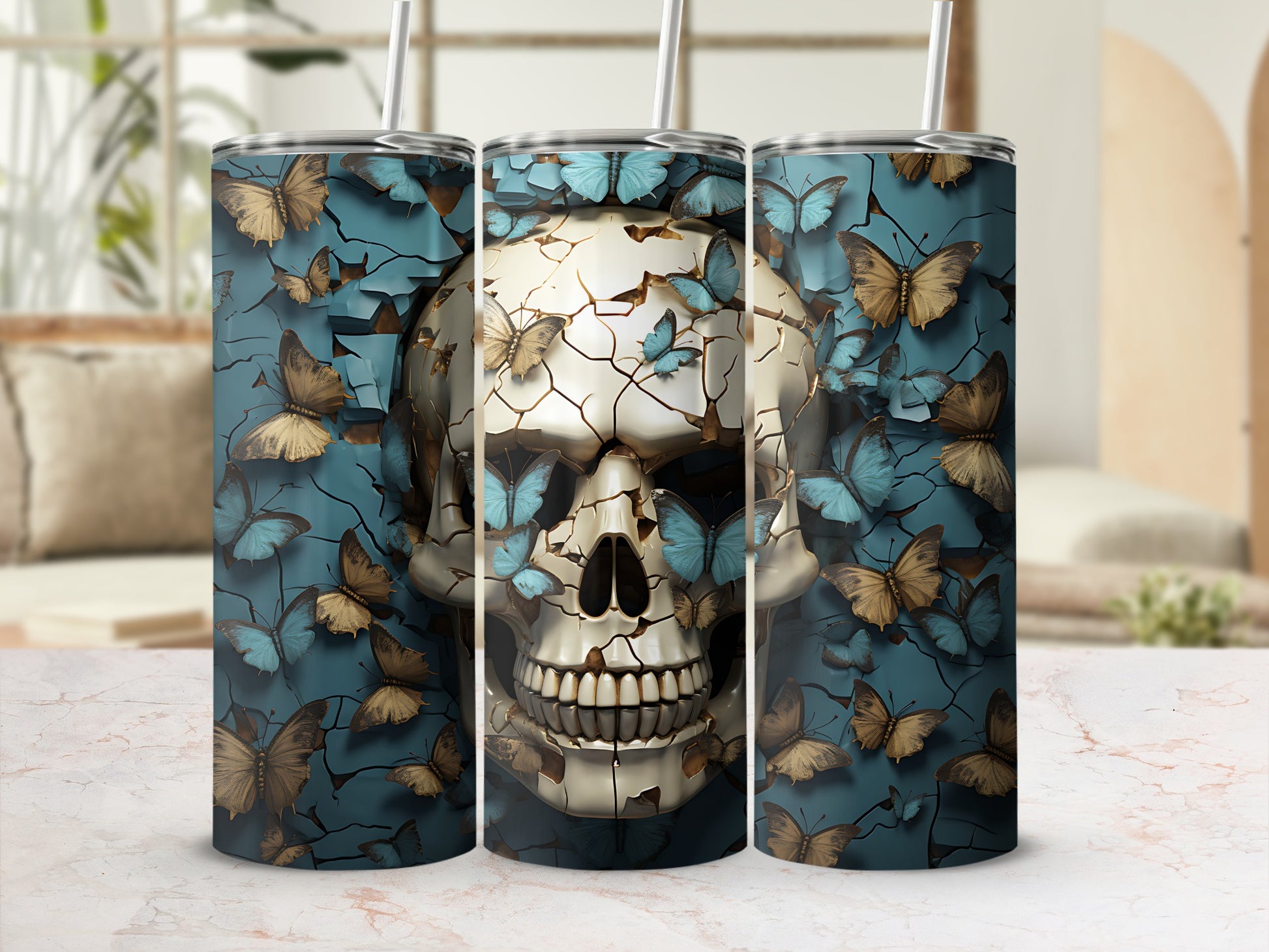 Cracked skull with blue butterflies, set against a teal background.