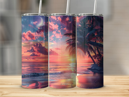 Three tumblers with a sunset beach scene and palm trees.
