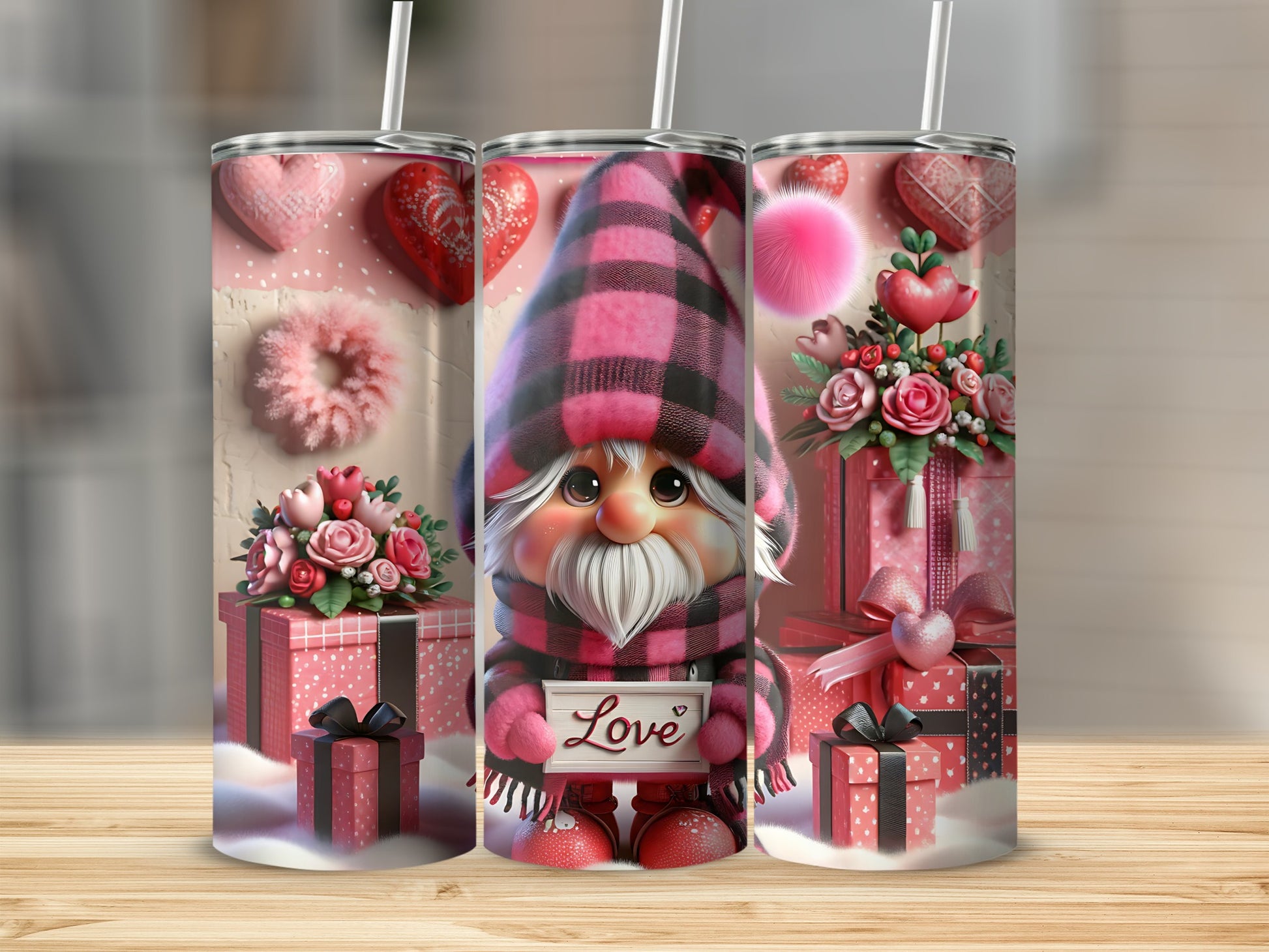 Valentine's gnome with pink buffalo plaid, holding "Love" sign, surrounded by gifts and flowers.