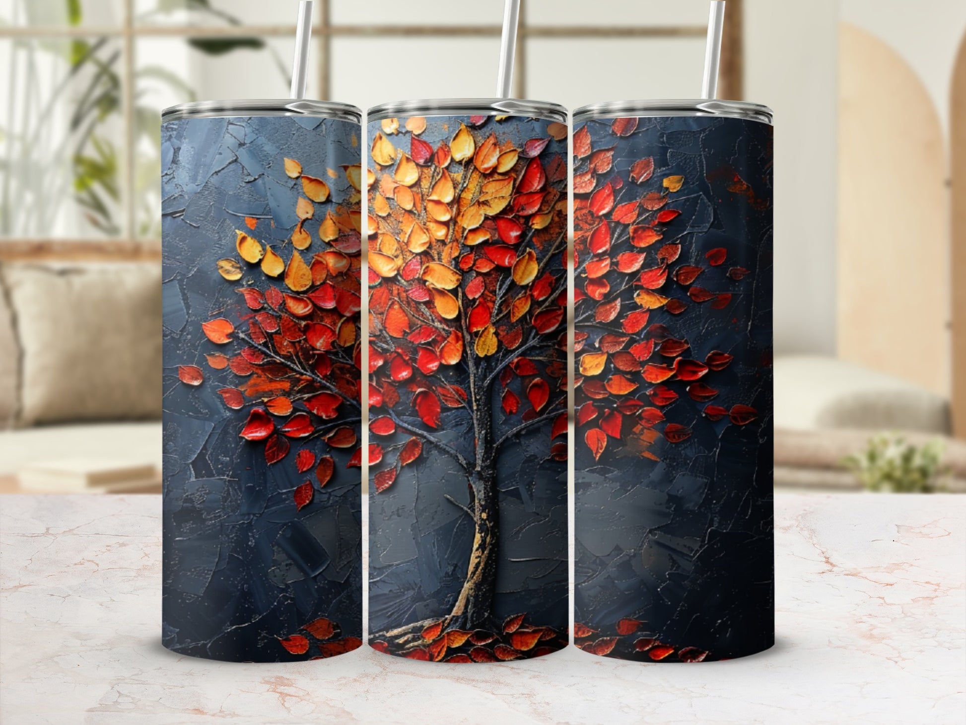 Textured, dark background with a vibrant tree in fall colors.