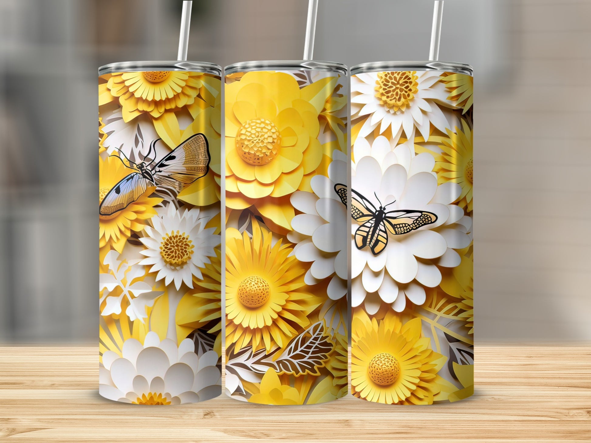 Bright Yellow Floral and Butterfly Design Tumbler