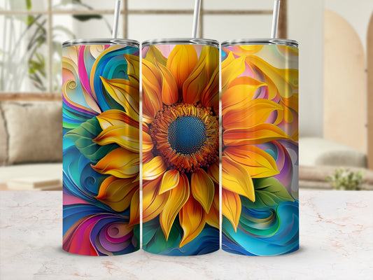 Three tumblers adorned with a vibrant sunflower and colorful abstract swirls.