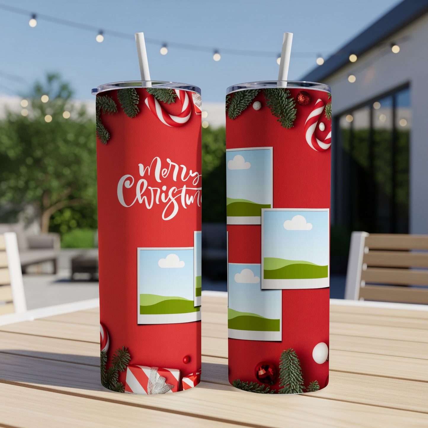 Two red tumblers with Christmas designs, including "Merry Christmas" text.