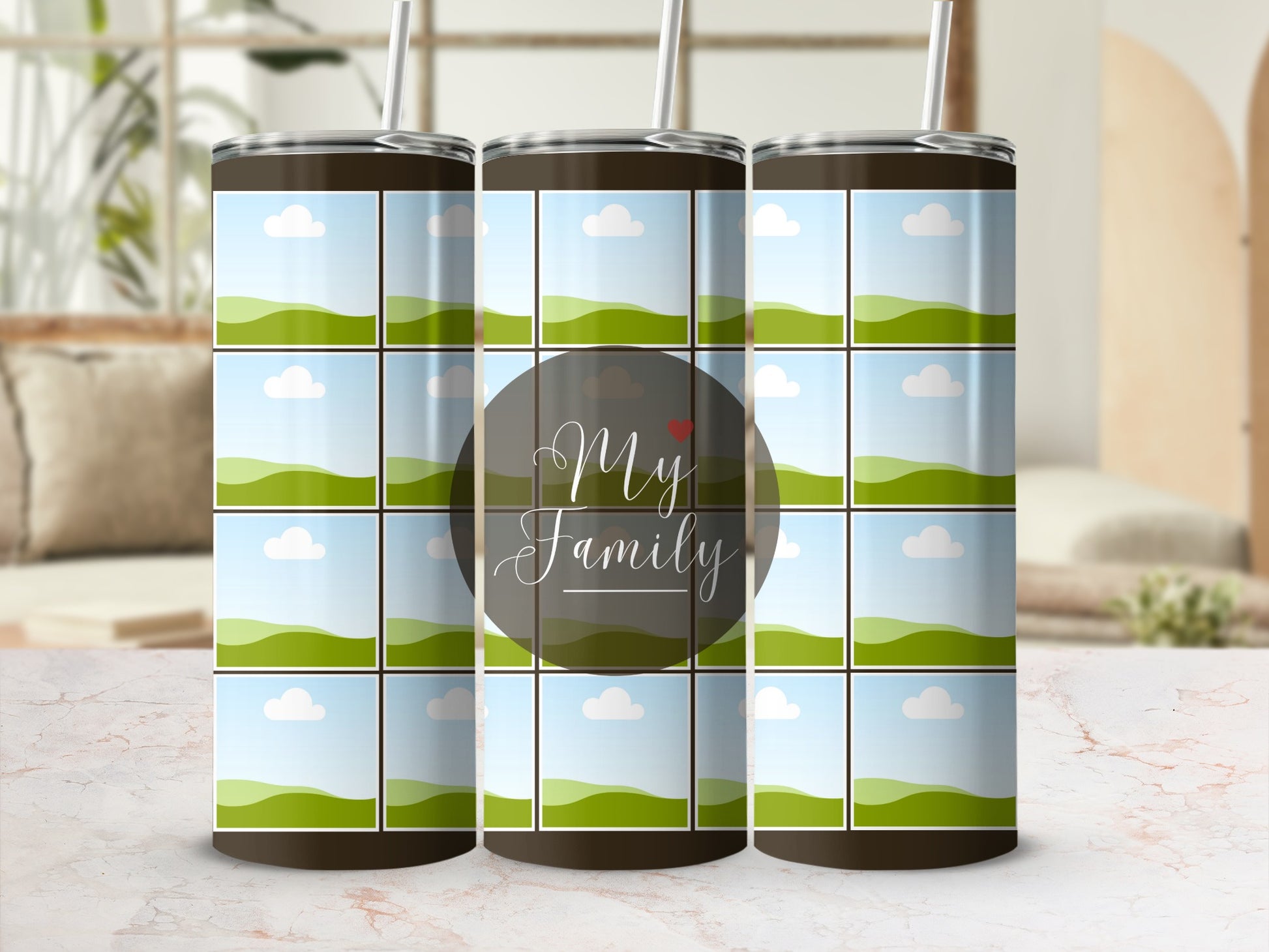 Tumbler with repeating landscape photo frames and "My Family" text.