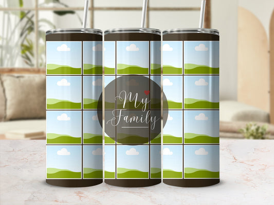 Tumbler with repeating landscape photo frames and "My Family" text.