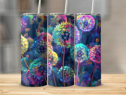 Three tumblers with colorful, abstract dandelion designs on a wooden surface.