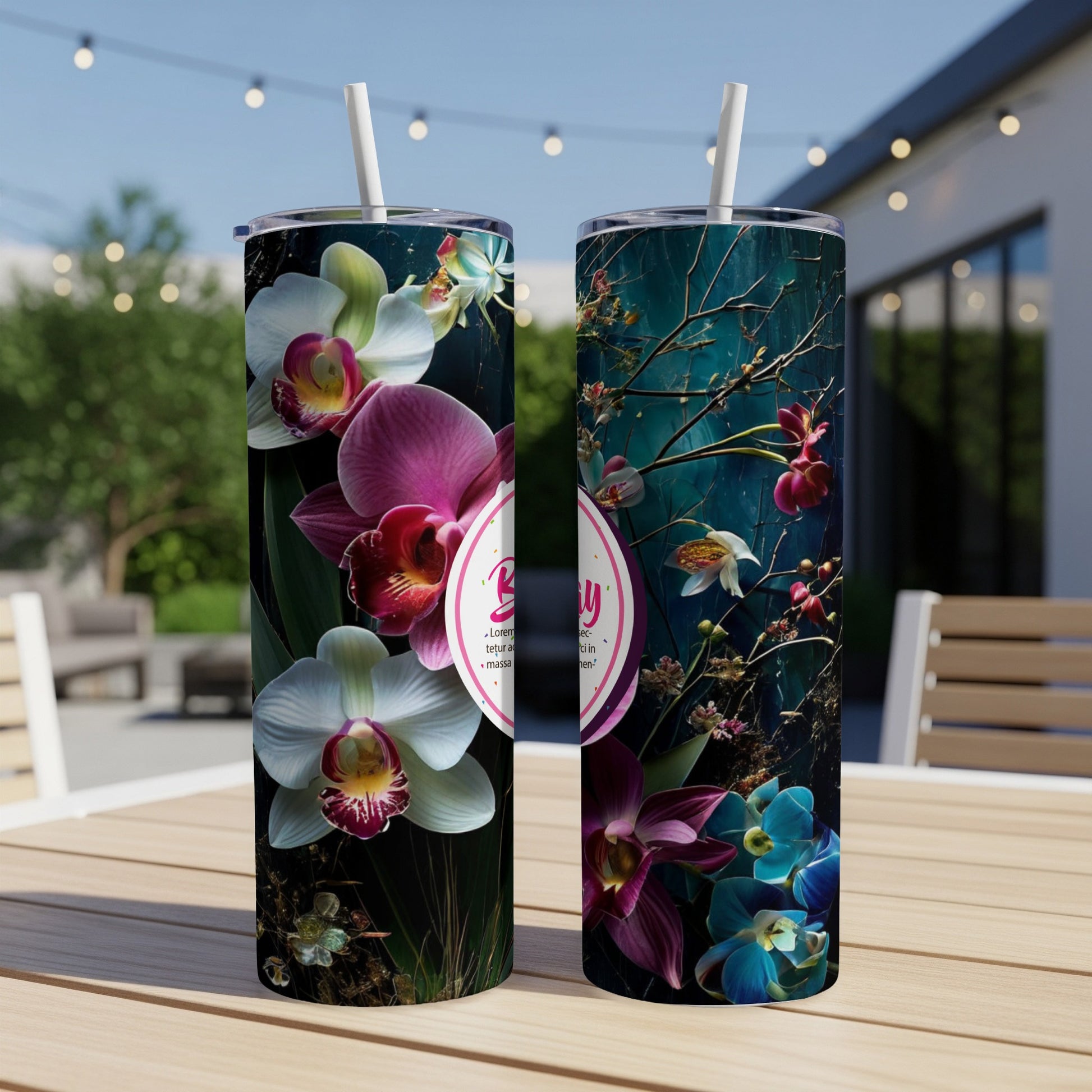 Two tumblers with orchid and floral designs, one featuring text.