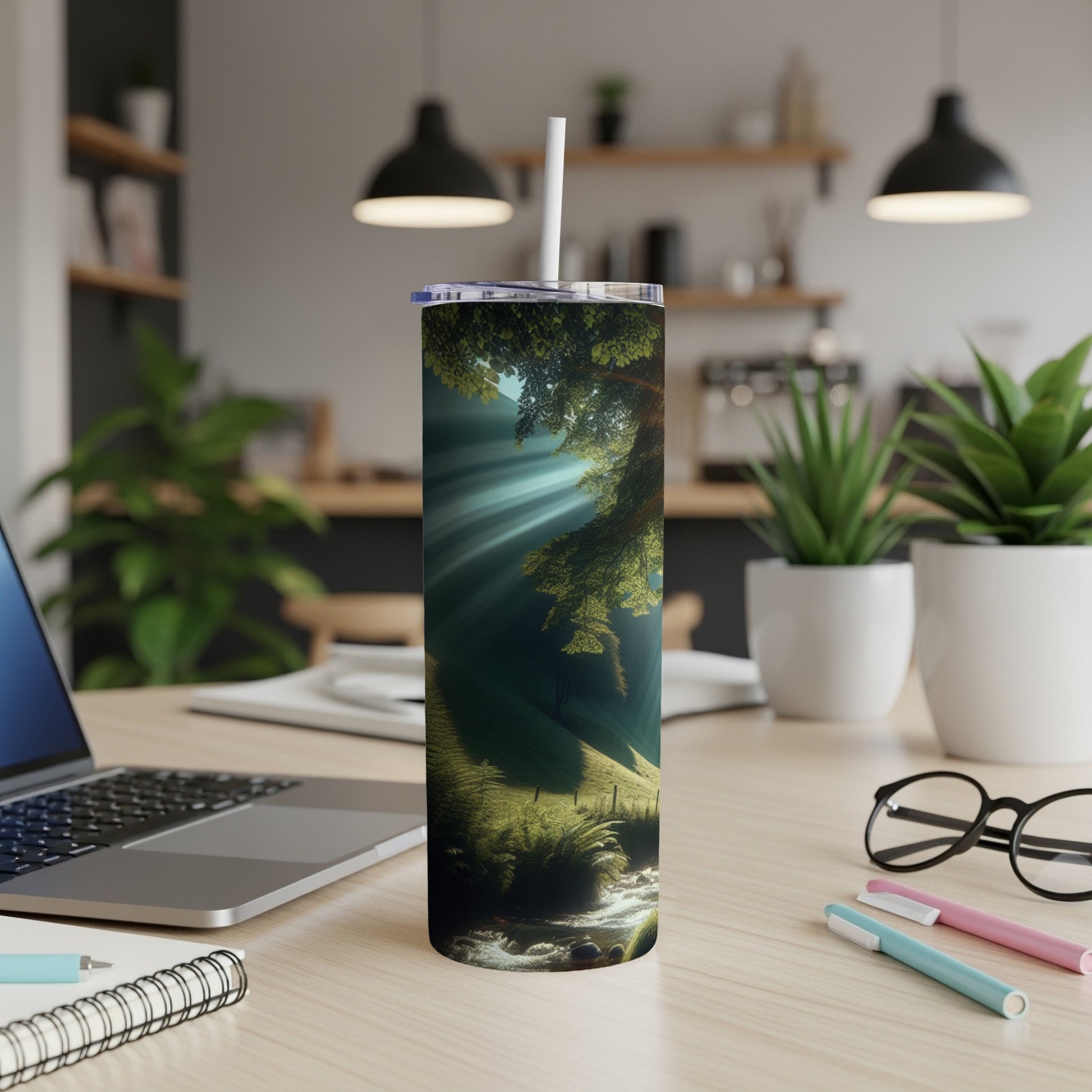 Green forest scene with sunbeams shining through trees, on a tumbler.
