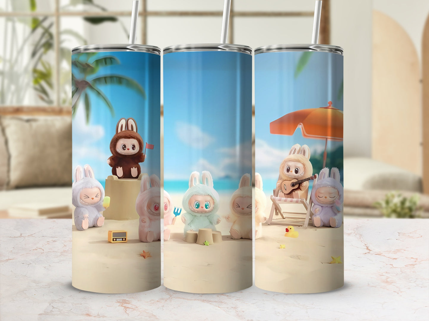 Cute Bunny Character Beach Scene Stainless Steel Tumbler