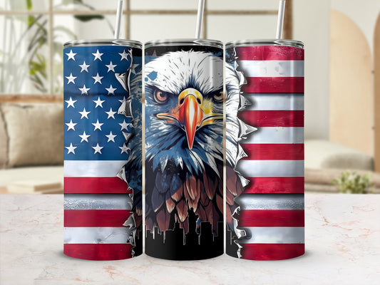 Three tumblers with American flag and eagle designs.