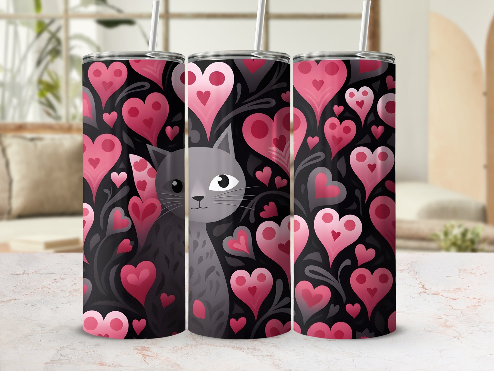 Gray cat peeking through a pattern of pink and red hearts.