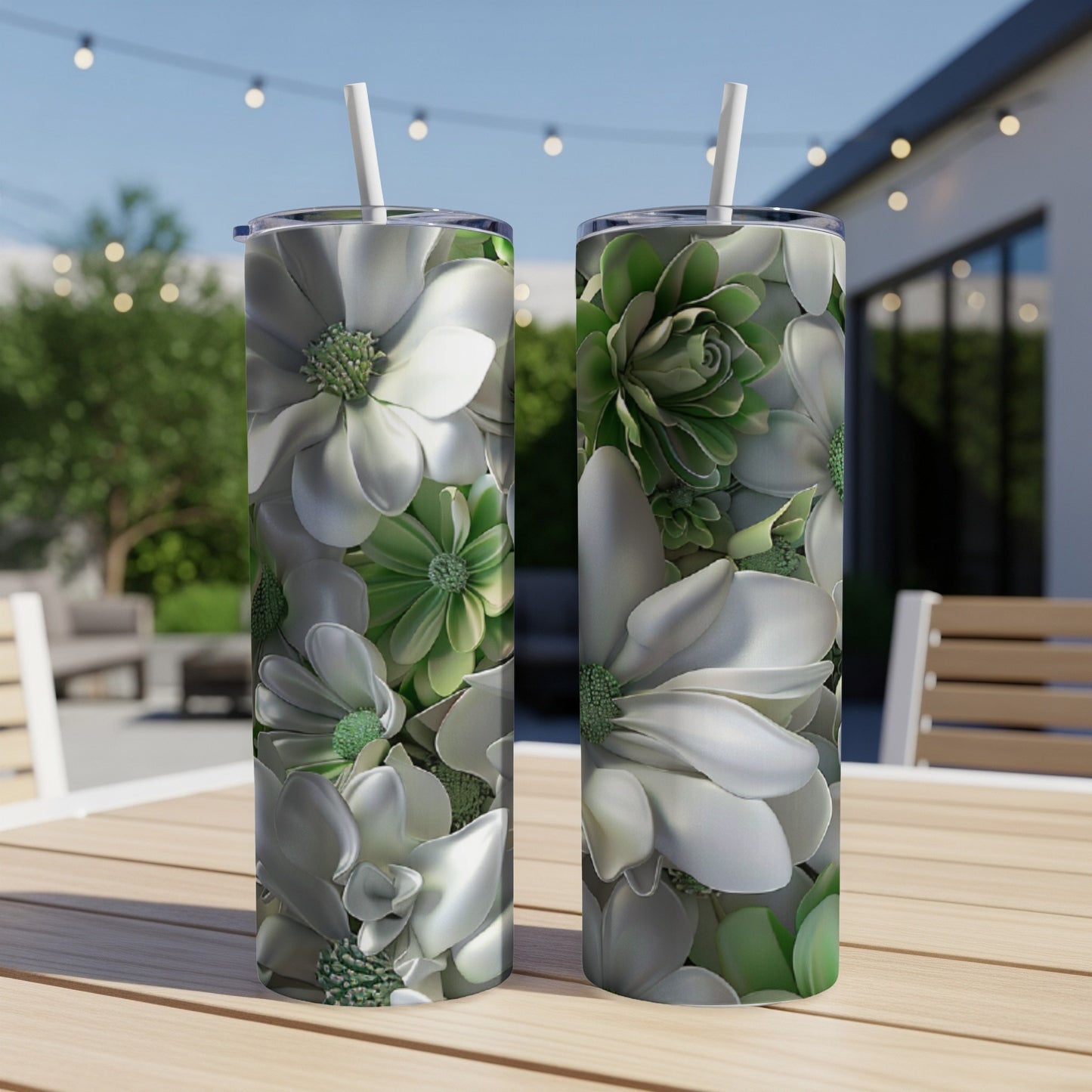 Two tumblers with white magnolia and green succulent floral pattern.