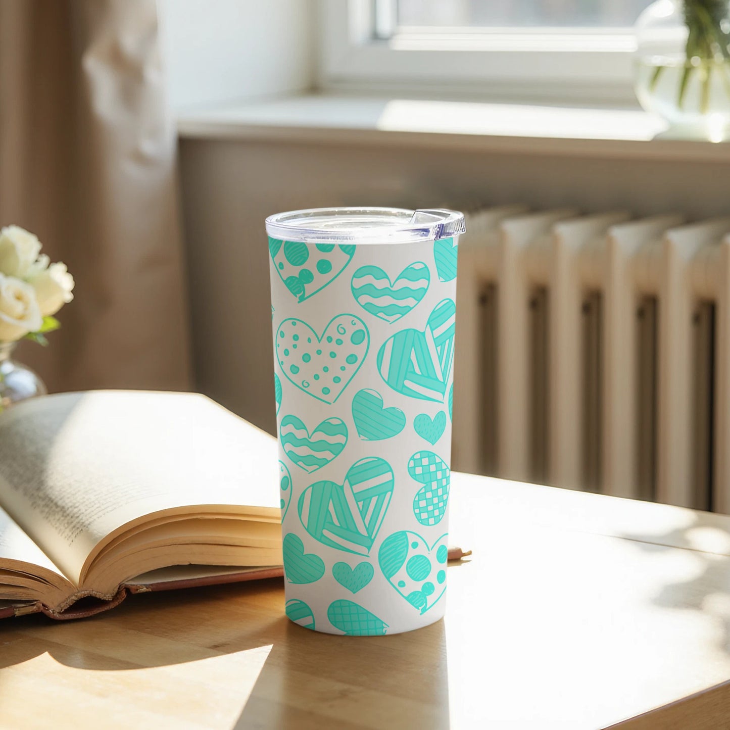 Heart Patterned Turquoise and White Tumbler Cup
