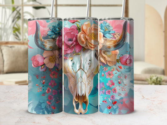 Bull skull with vibrant floral accents on a textured background.