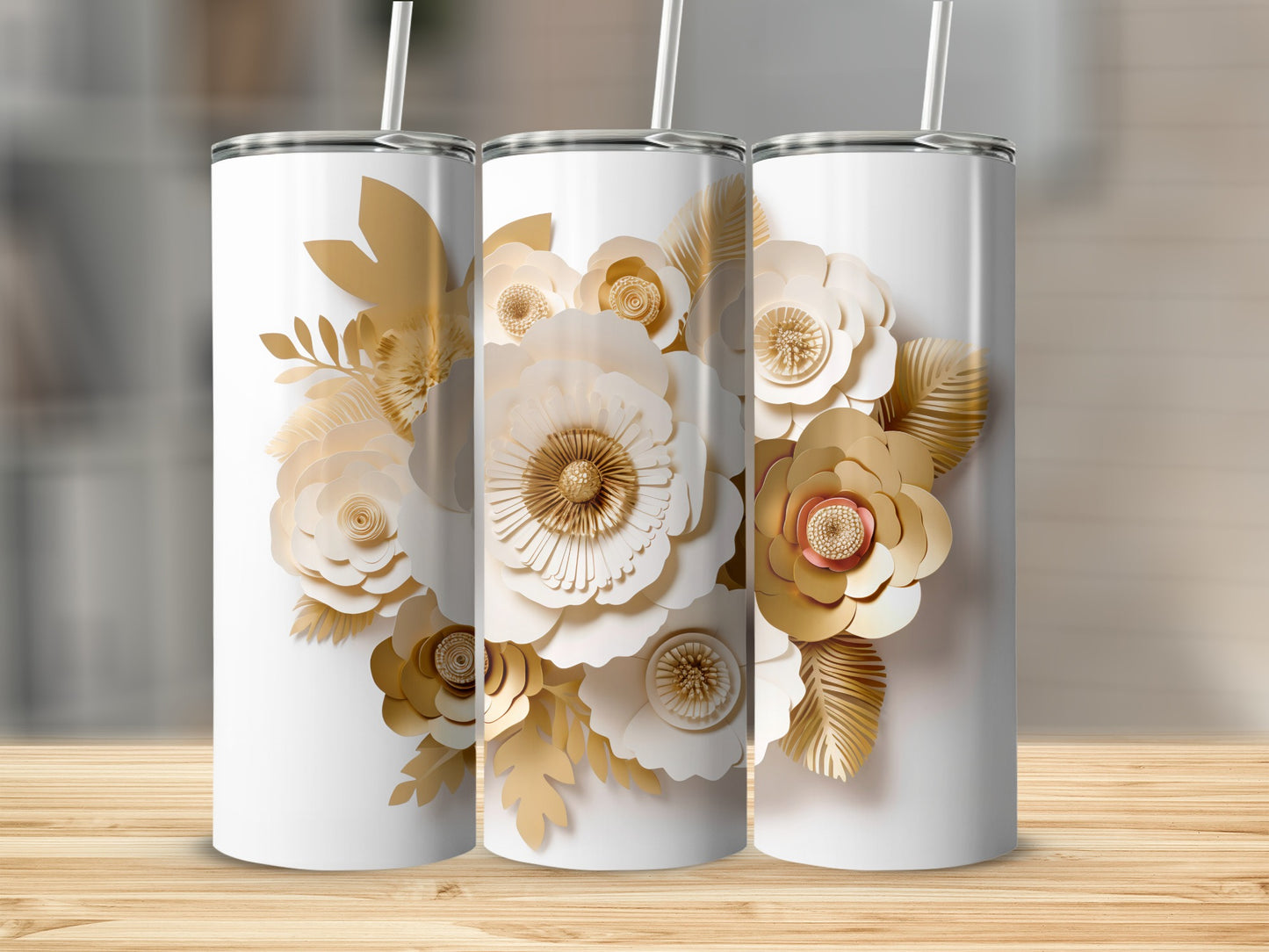 Elegant Floral Design White and Gold Tumbler