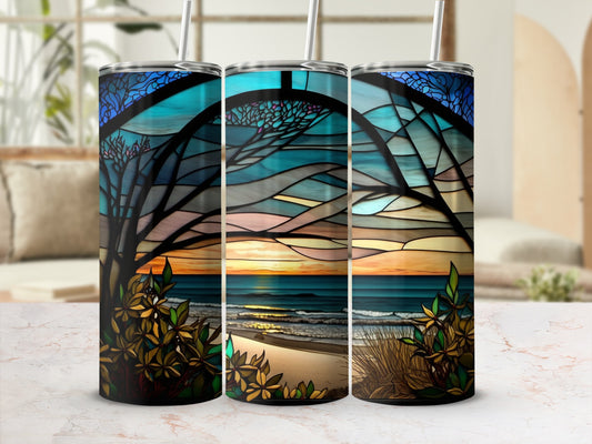 Three tumblers with stained glass sunset beach scene and tropical foliage.