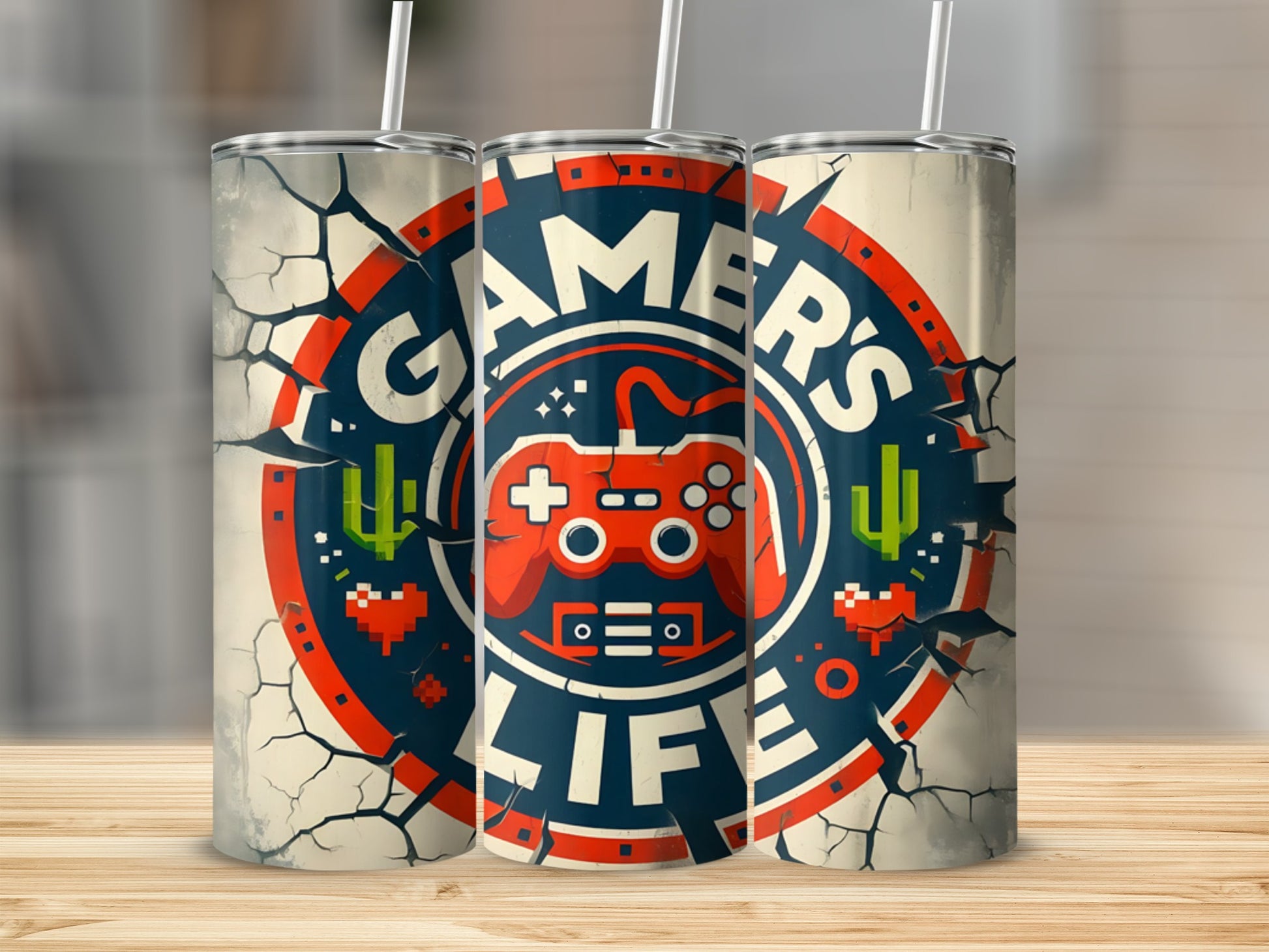 Gamer's Life tumbler with video game controller and cacti design.