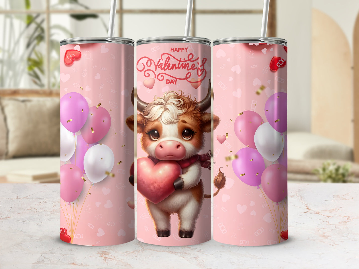Happy Valentine's Day Cute Cow Balloon Design Tumbler