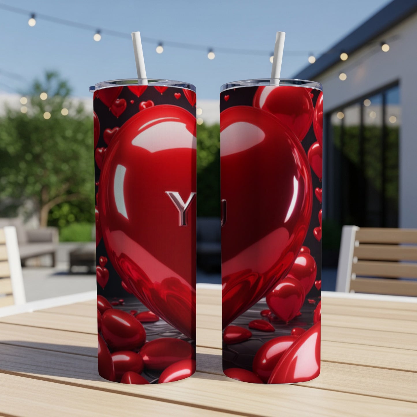 Two tumblers with red heart balloons and "YOU" text.