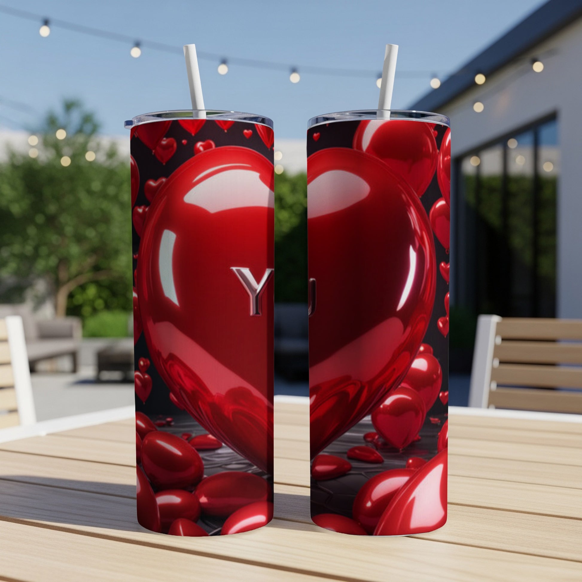 Two tumblers with red heart balloons and "YOU" text.