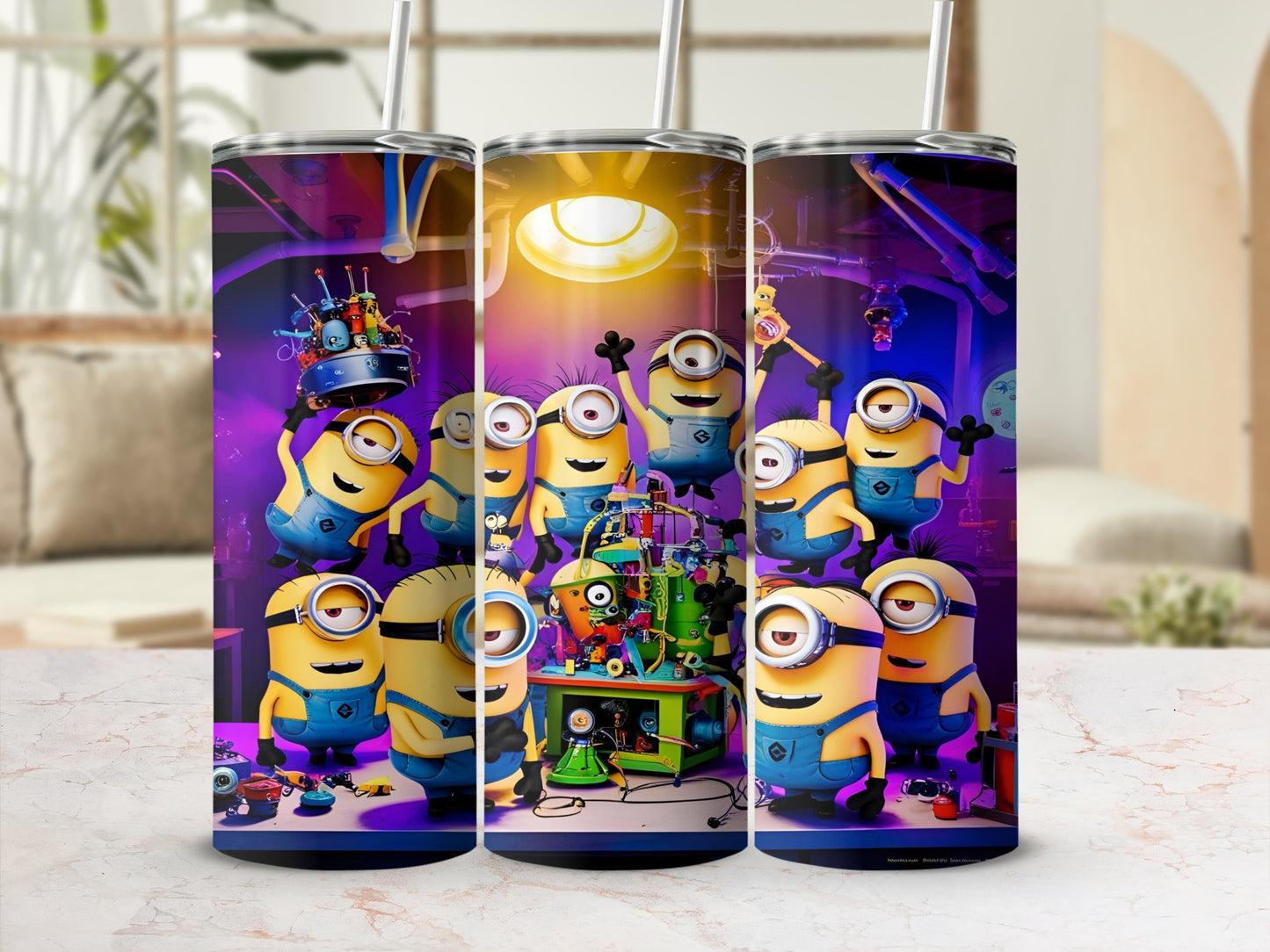 Minions gathered around a colorful, whimsical laboratory contraption.