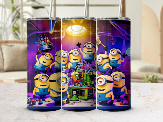 Minions gathered around a colorful, whimsical laboratory contraption.