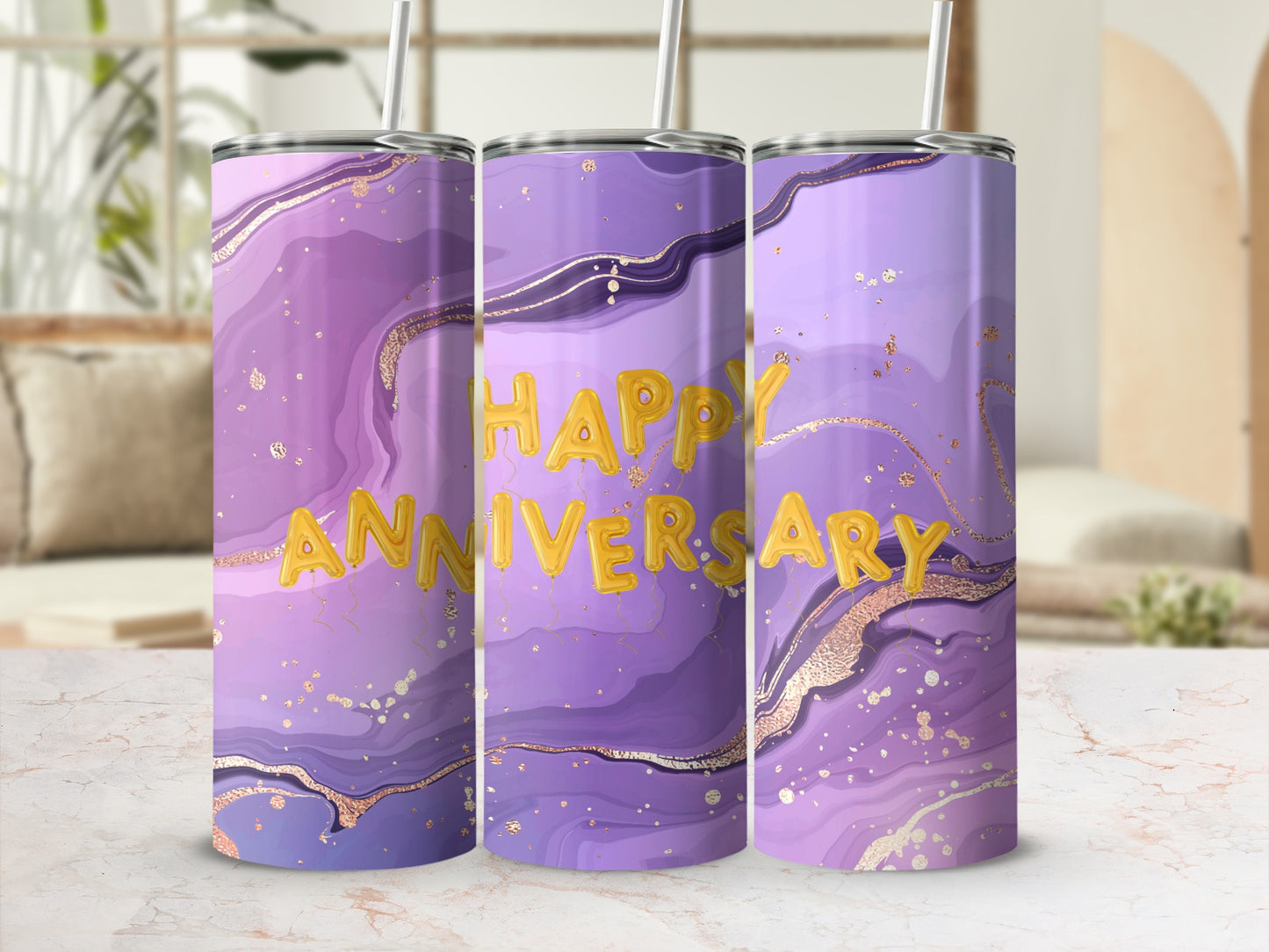 Purple tumbler with gold "Happy Anniversary" text and marble design.